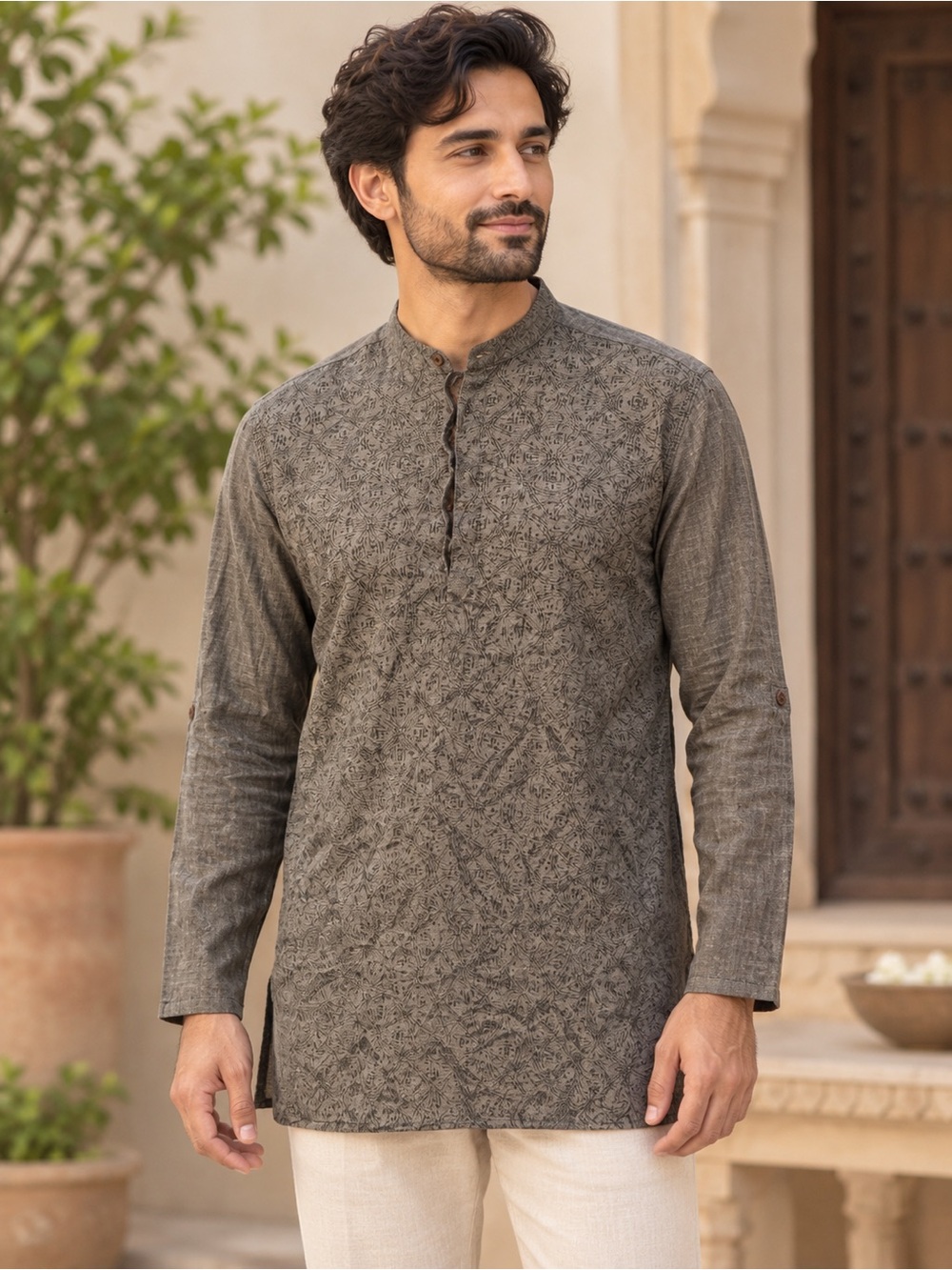 Fabindia Men’s 36 Cotton Printed Short Kurta Tunic Gray Brown Mandarin Collar